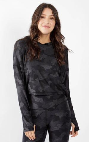 Camo Cropped Hooded Long Sleeve Top